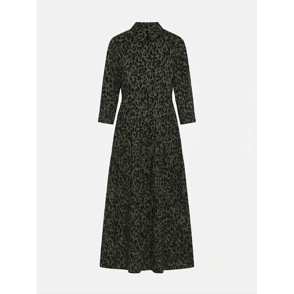 Zara Woman Leopard Print Maxi Shirt Dress Womens Size S Green Black Excellent